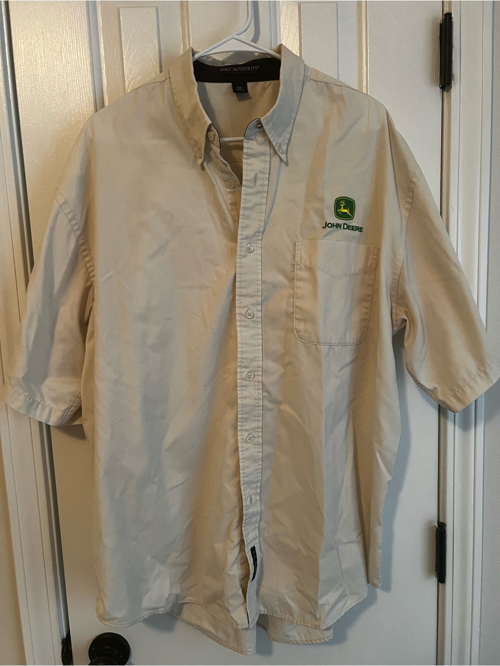 Port Authority Beige Short-Sleeve Button-Down Shirt with John Deere Logo